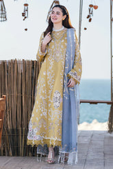 QALAMKAR - 3PC CHIKANKARI LAWN SEQUIN EMBROIDERED SHIRT WITH ORGANZA EMBROIDERED DUPATTA AND TROUSER - HZG1562